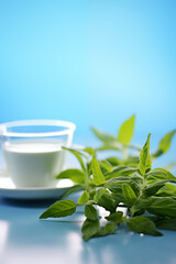 Cup of milk and bowl of basil leaves