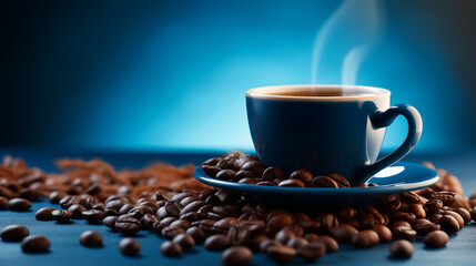 Cup of coffee on blue background