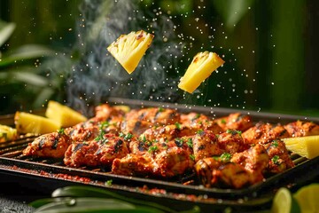 Juicy Grilled Chicken Skewers with Pineapple Chunks on Barbecue Grill with Steam and Herbs