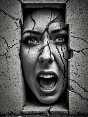 Illustration von psychischem Schmerz, Ausweglosigkeit. Schwarz-Weiß-Foto eines im Beton gefangenen Gesichts, das vor Angst und Qual schreit. - obrazy, fototapety, plakaty