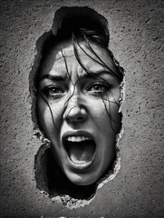 Illustration von psychischem Schmerz, Ausweglosigkeit. Schwarz-Weiß-Foto eines im Beton gefangenen Gesichts, das vor Angst und Qual schreit. - obrazy, fototapety, plakaty