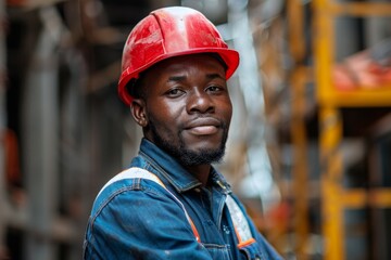 Confident construction worker at a building site wearing a red hard hat