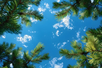 a view of the sky through the branches of a pine tree, looking up at the blue sky and white clouds.