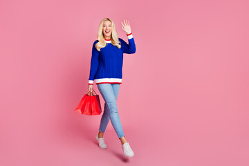 Full body portrait of pretty lady hold bags arm wave hi empty space wear blue sweater isolated on...