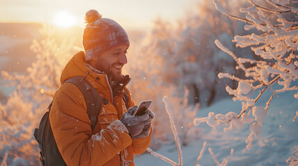 A man gestures at his cell phone in the snowy landscape - obrazy, fototapety, plakaty