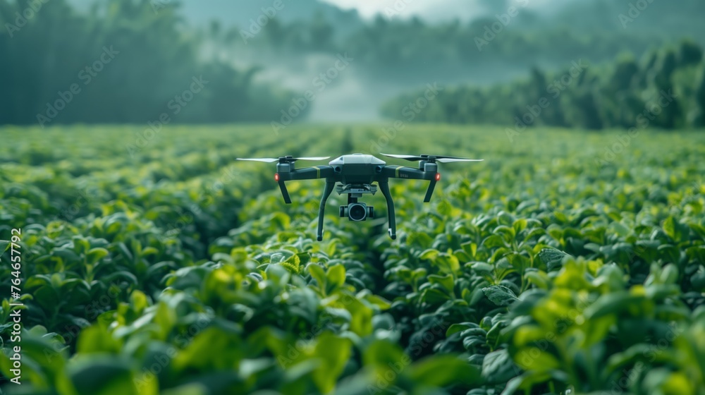 Poster agricultural drone hovering over green crop field at dawn