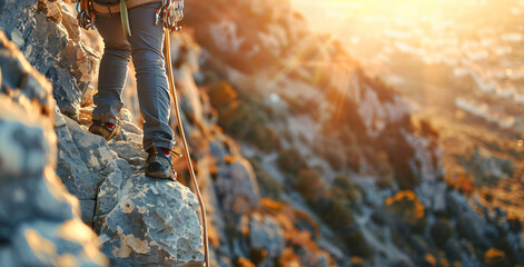 Climber reaches the summit of a mountain. Focus is on the rope and the carabiner.Ai
