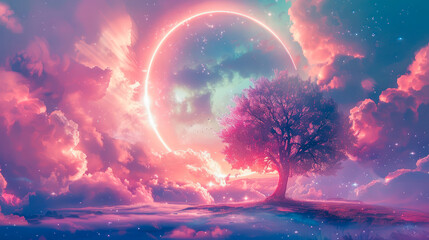 Solitary tree on hill with cosmic ring and dreamy cloudscape. Vibrant fantasy sky with pink and purple hues. Cosmic and dream concept for wall art, meditation background, and fantasy illustration - obrazy, fototapety, plakaty