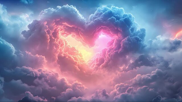 Red heart shaped clouds at sunset. Beautiful love background. Created with Generative AI.