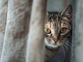 Worried cat peeking out from hiding spot, close-up, soft light capturing its cautious gaze