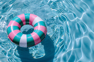 Top view of striped floating tire in water in swimming pool