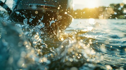 Close-up of trolling motor in action, clear water background, highlighting quiet efficiency, morning light - obrazy, fototapety, plakaty