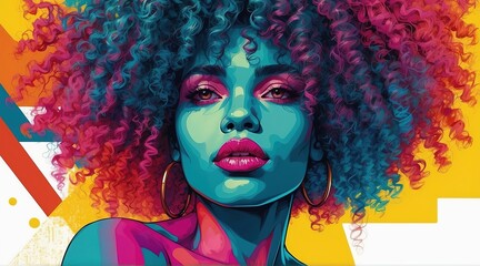 Vibrant Woman watercolor Splashes of Colorful Paint by Woman with Luscious Curly Hair