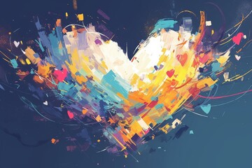 Abstract colorful heart shape made of brush strokes against a dark background. 