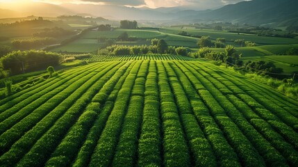 Fototapeta premium Lush Green Field With Mountains in Background