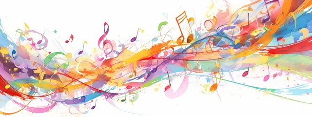 Abstract music notes background vector illustration with watercolor splash, musical elements and colorful tones on white isolated background.  - obrazy, fototapety, plakaty