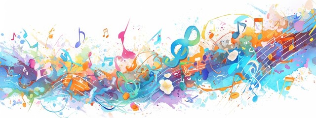Abstract music notes background vector illustration with watercolor splash, musical elements and colorful tones on white isolated background. 