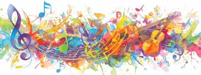 Abstract music notes background vector illustration with watercolor splash, musical elements and colorful tones on white isolated background. 