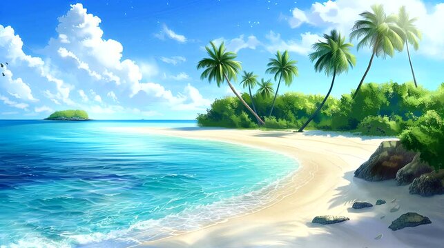 Island paradise with palm-fringed beaches. Fantasy landscape anime or cartoon style, looping 4k video animation background