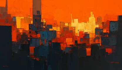 Abstract painting of New York City skyline, red and black color scheme.