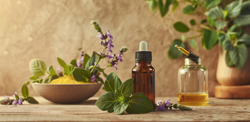 Amber essential lavender oil bottle. Violet lavendar field in Provence.Aromatherapy Lavender oil and lavender flower.Ai