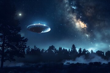 UFO in the night forest - obrazy, fototapety, plakaty
