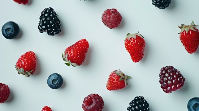 Assorted fresh berries on a bright white backdrop. close-up, healthy snacks. perfect for nutrition or food themes. high-quality image. AI