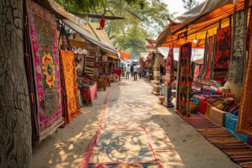 An intricately decorated cultural fair featuring stalls adorned with traditional crafts, textiles, and artworks, bustling with artisans, performers, and visitors engaging in cultural exchanges.