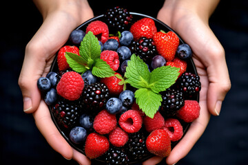 Top view of hands holding bowl with fresh berry fruit mix