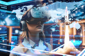 Cyberspace, metaverse and virtual reality concept with young beautiful woman in VR headset projected virtual reality hologram with world map on abstract office background
