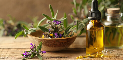 Amber essential lavender oil bottle. Violet lavendar field in Provence.Aromatherapy Lavender oil...