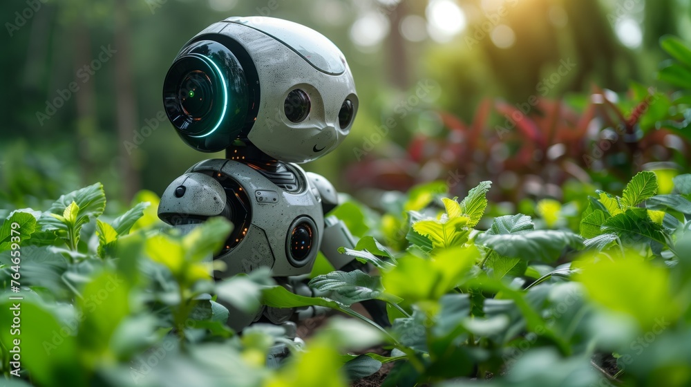 Poster robot standing in field of plants