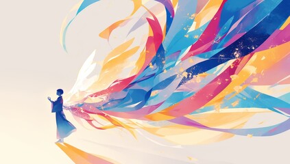 Abstract illustration of an angel with large, swirling colorful smoke behind it, wearing a simple robe and holding out its hand in front of them. 