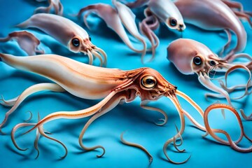 One close up squid on blue background