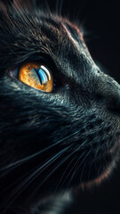 Phone backgrounds with Cat with the intense and mysterious look of a feline. The intricate details of the cats amber eyes stand out against its dark fur, creating a striking contrast - 764659386