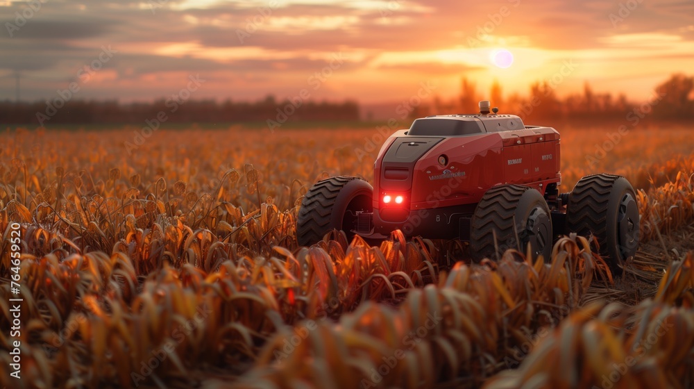 Poster autonomous agricultural robot working in a crop field at sunset