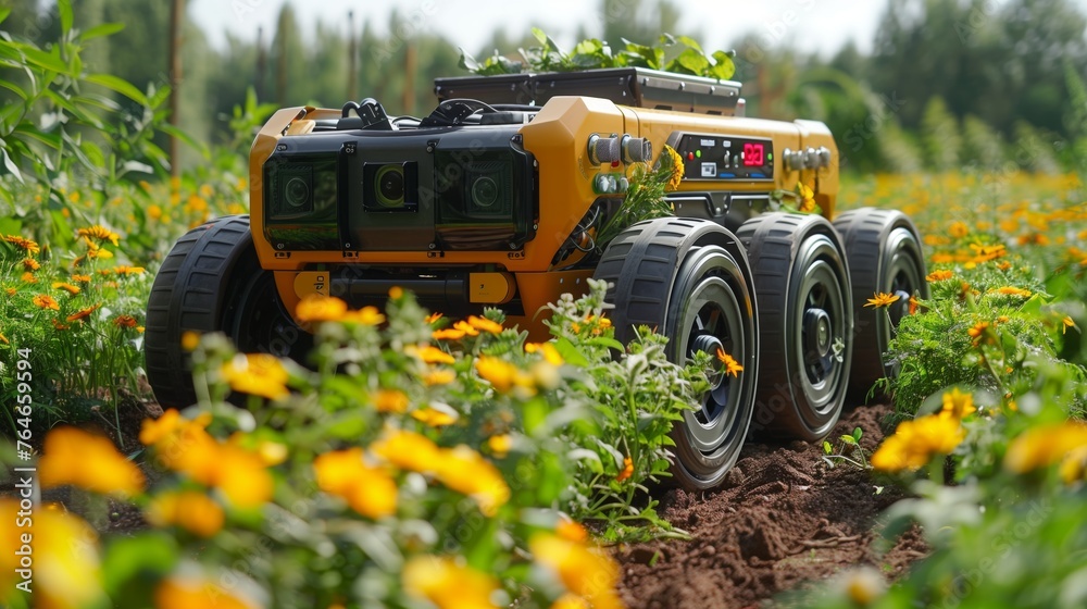Poster autonomous agriculture robot conducting field analysis in a flower farm