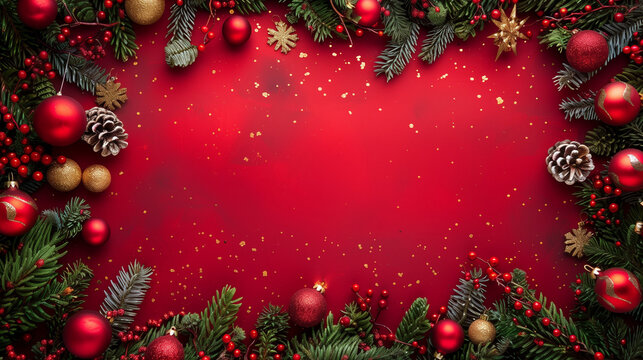 A vibrant red background adorned with cheerful Christmas decorations such as ornaments, pine cones, and twinkling lights