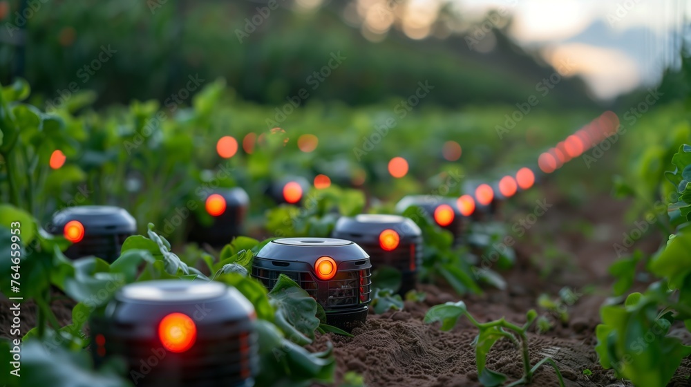 Poster agricultural robots at work in field during sunset