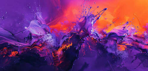 Graceful purple strokes and vibrant orange converge in a hypnotic dance. - obrazy, fototapety, plakaty