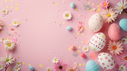 Spring celebration with easter eggs and flowers on a pastel pink background. perfect for greetings. festive and bright. AI