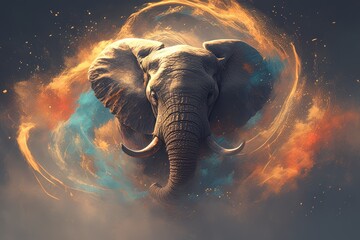 An elephant in the air with colorful smoke coming out of its trunk, creating an artistic and vibrant scene.  - obrazy, fototapety, plakaty