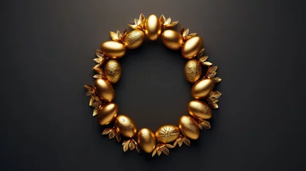 Poster Golden wreath or crown made of shiny gold metalic balls decorated with leaves and berries on dark background. Christmas symbol. This file contains path to cut. © VISUAL BACKGROUND