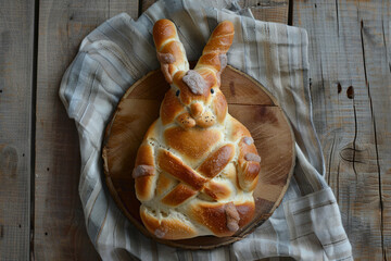 Overhead view of an easter bunny rabbit made from hot cross buns