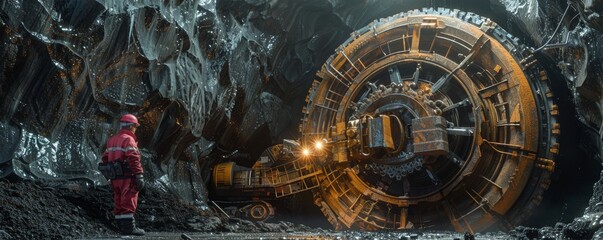 Engineer observing colossal mining machinery in a cave