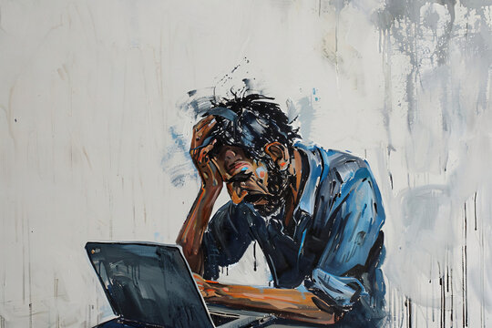 A photo of an man sitting at his laptop, looking worried and holding his head in despair with one hand on the side of his face as if he has just been working for too long or feeling stress.Ai