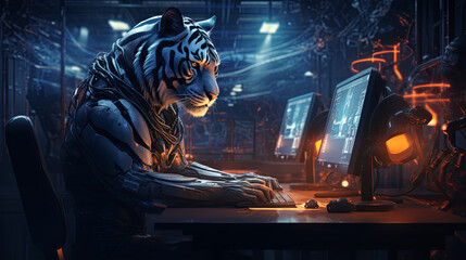 A robot tiger, dressed in cutting-edge business casual, and a human pore over cybersecurity measures, safeguarding a network illustrated on multiple monitors - obrazy, fototapety, plakaty