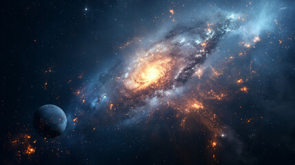 Universe scene with planets, stars and galaxies in outer space showing the beauty of space exploration.