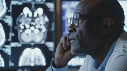 Radiologist looking at screen with MRI scan and diagnose