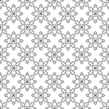 Seamless pattern with hand drawn linear classic floral rosettes on a white background